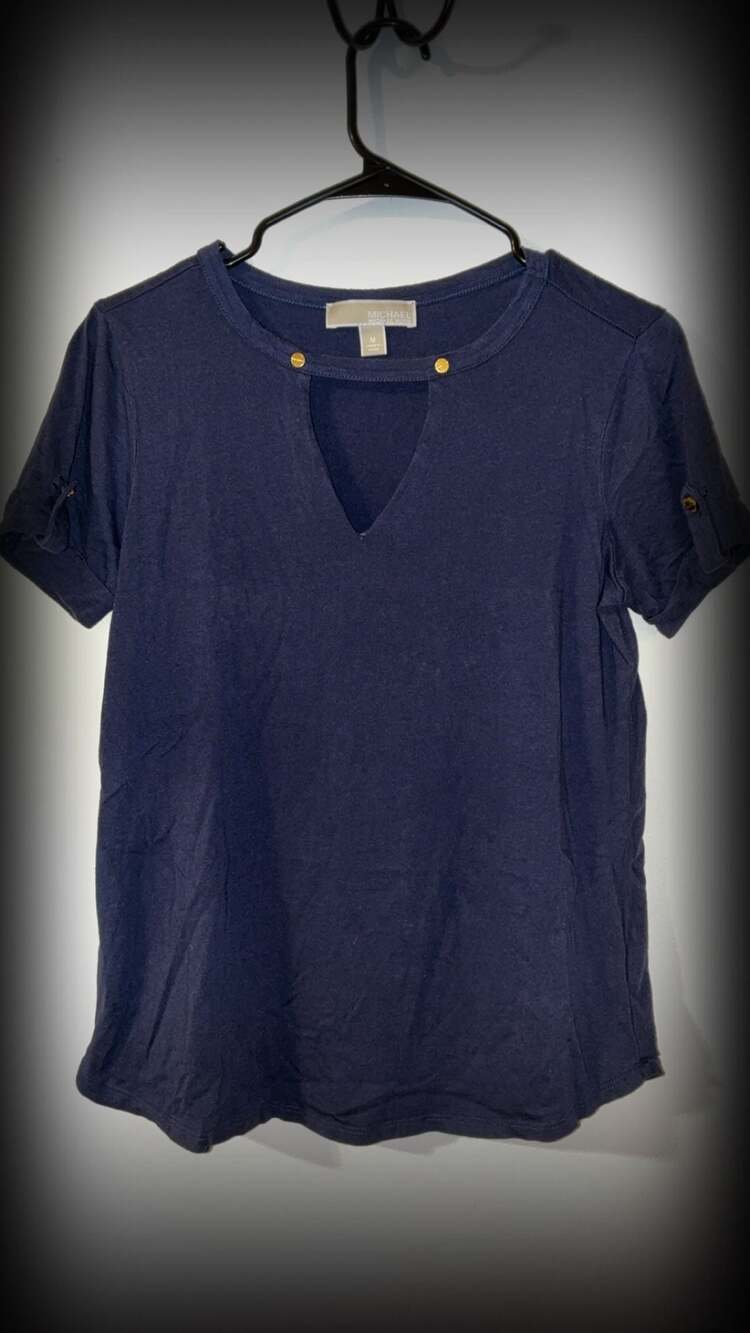 Michael Kors Navy Blue Keyhole Cutout Short Sleeve Top with Gold Hardware